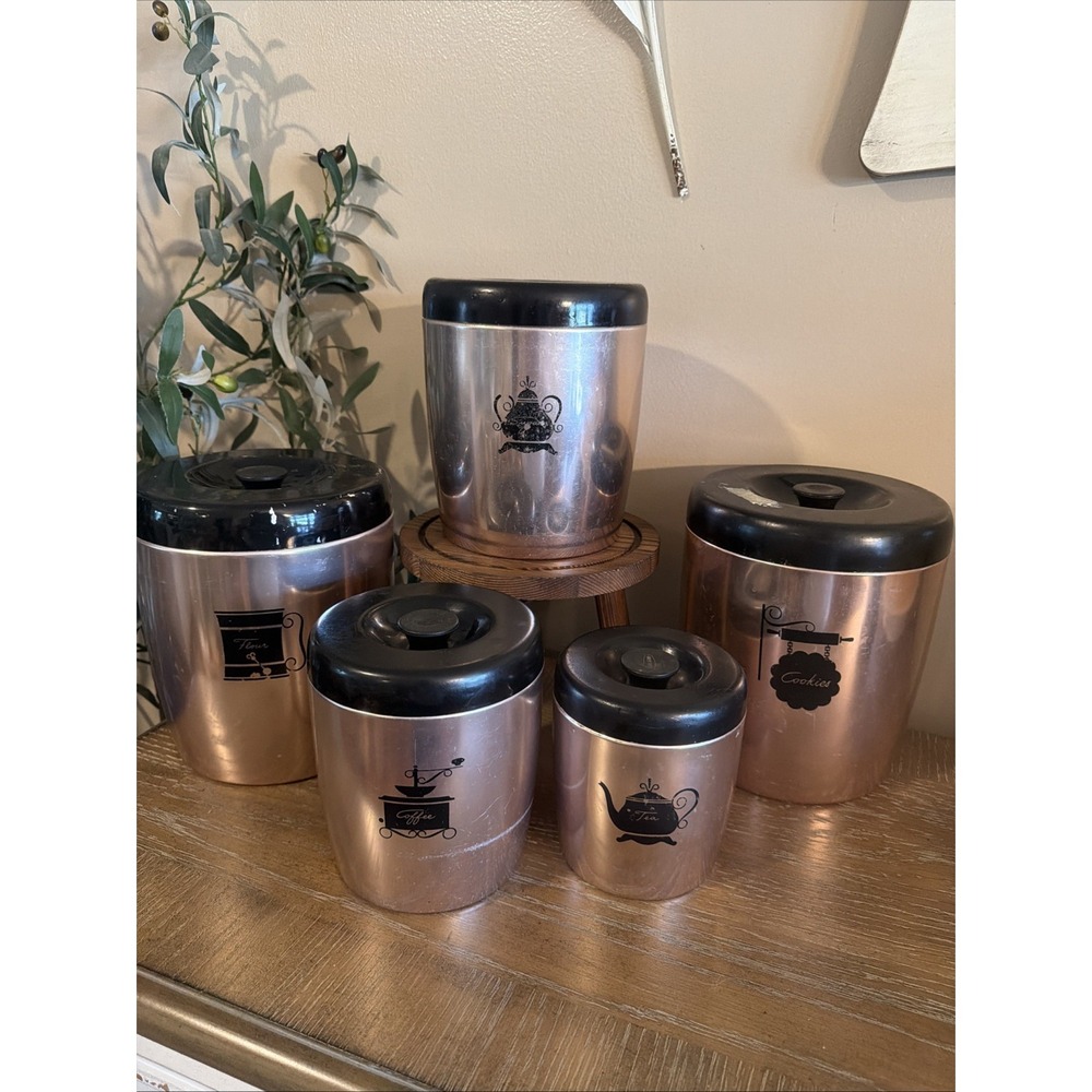 5 VTG WEST BEND Aluminum Canisters MCM Flour Sugar Cookies Coffee Tea w/ Lids